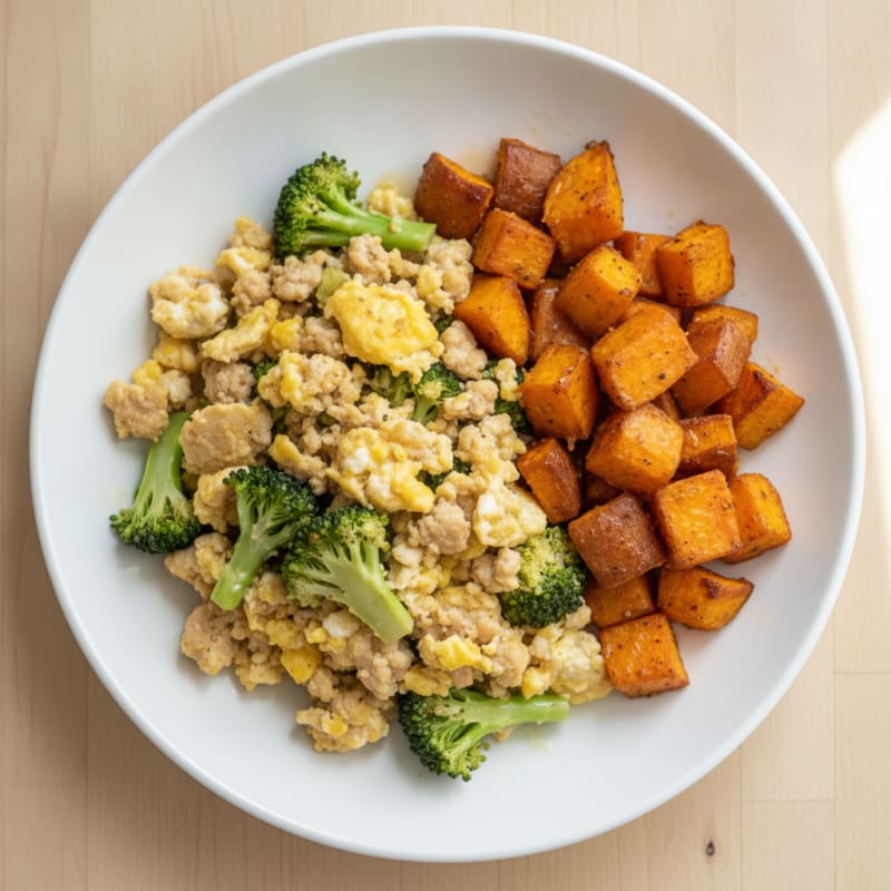 Egg and Turkey Scramble with Roasted Sweet Potatoes