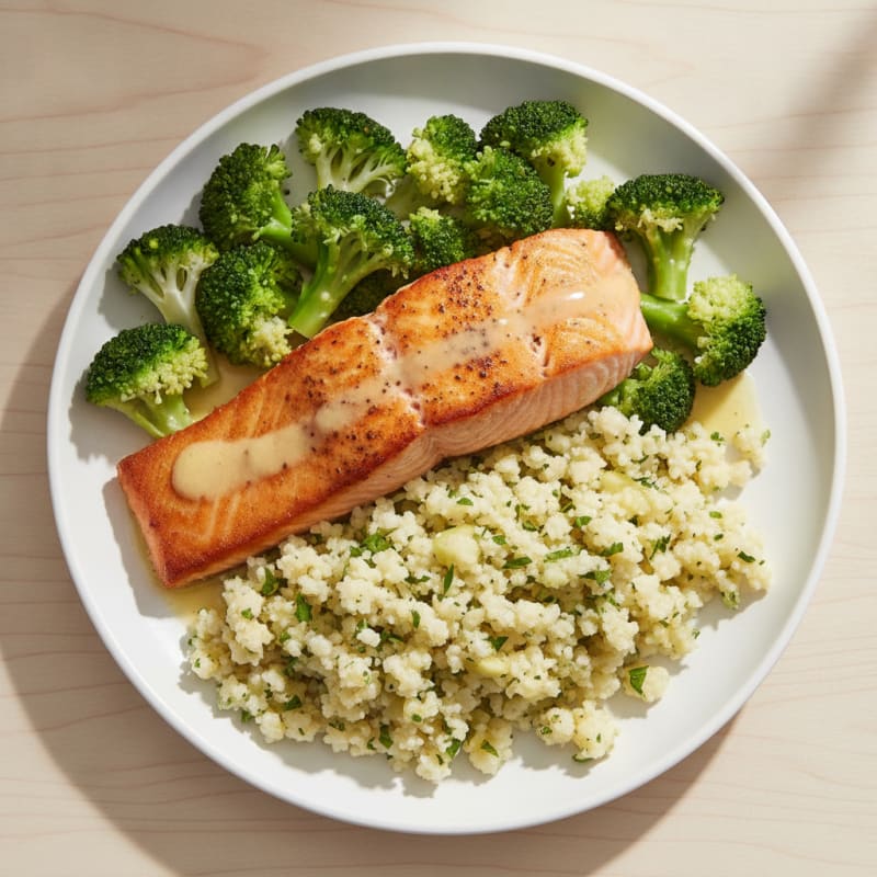 Seared Salmon with Steamed Broccoli and Herbed Cauliflower Rice