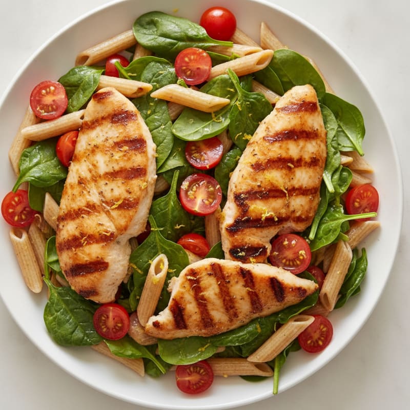 Grilled Chicken Pasta Salad with Cherry Tomatoes and Baby Spinach