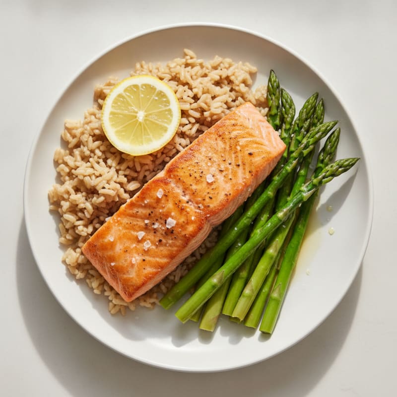 Seared Salmon Fillet with Steamed Asparagus and Brown Rice
