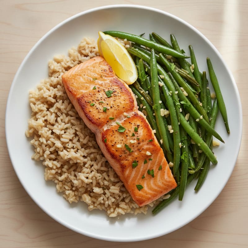 Seared Salmon with Garlic Green Beans and Brown Rice