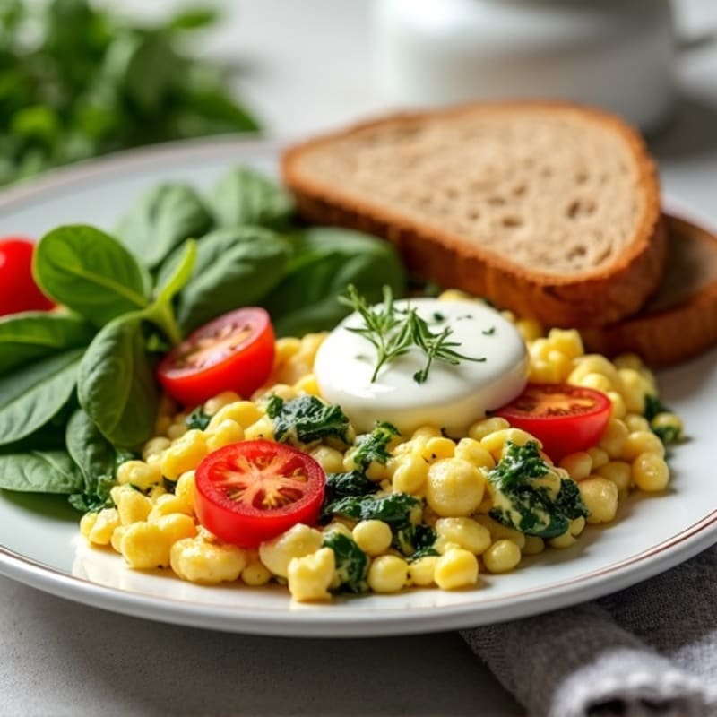 Egg White Spinach Scramble with Cottage Cheese and Sliced Tomatoes