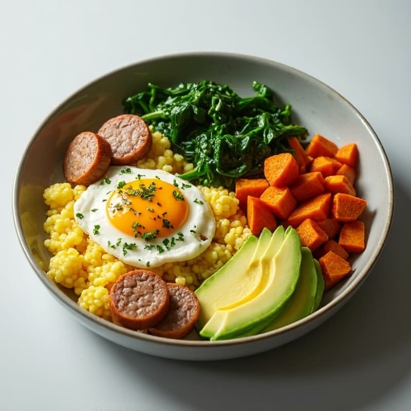 Egg White and Turkey Sausage Scramble with Spinach, Sweet Potato & Avocado