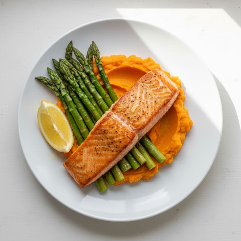 Seared Salmon Fillet with Roasted Asparagus and Sweet Potato Mash