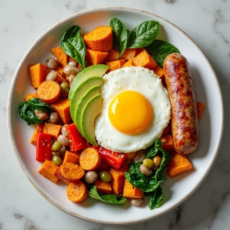 Egg White Scramble with Turkey Sausage and Roasted Sweet Potatoes