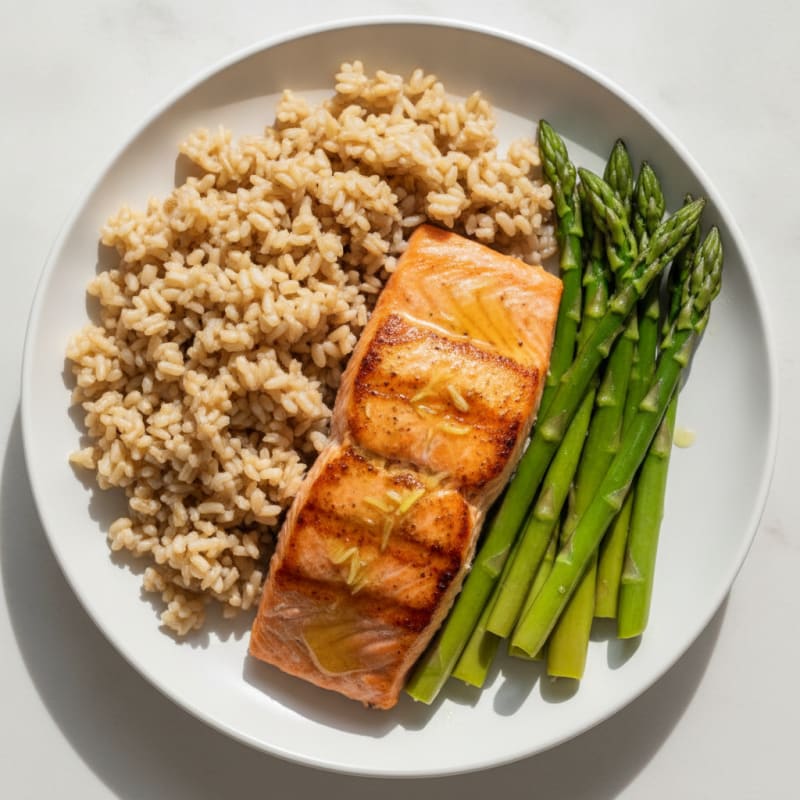 Seared Salmon with Steamed Asparagus and Brown Rice