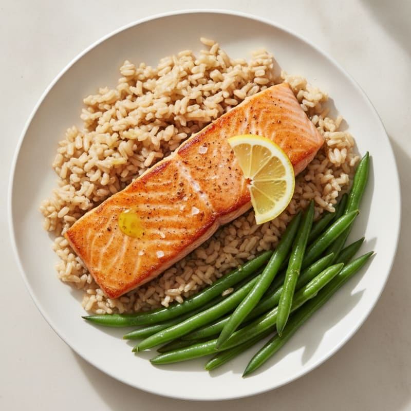 Seared Salmon with Steamed Green Beans and Brown Rice
