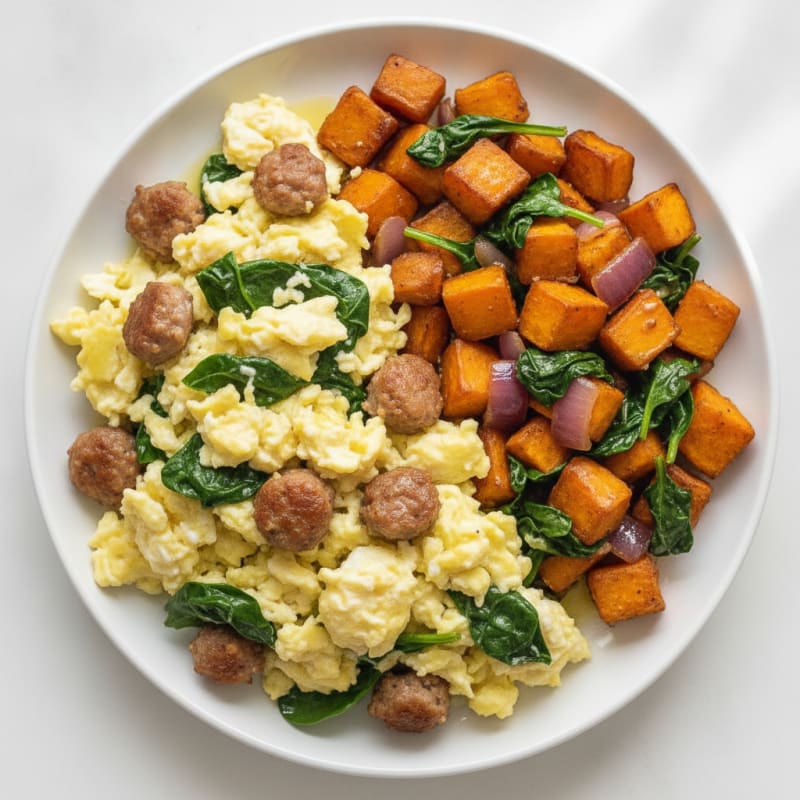 Egg White Scramble with Turkey Sausage and Roasted Sweet Potatoes