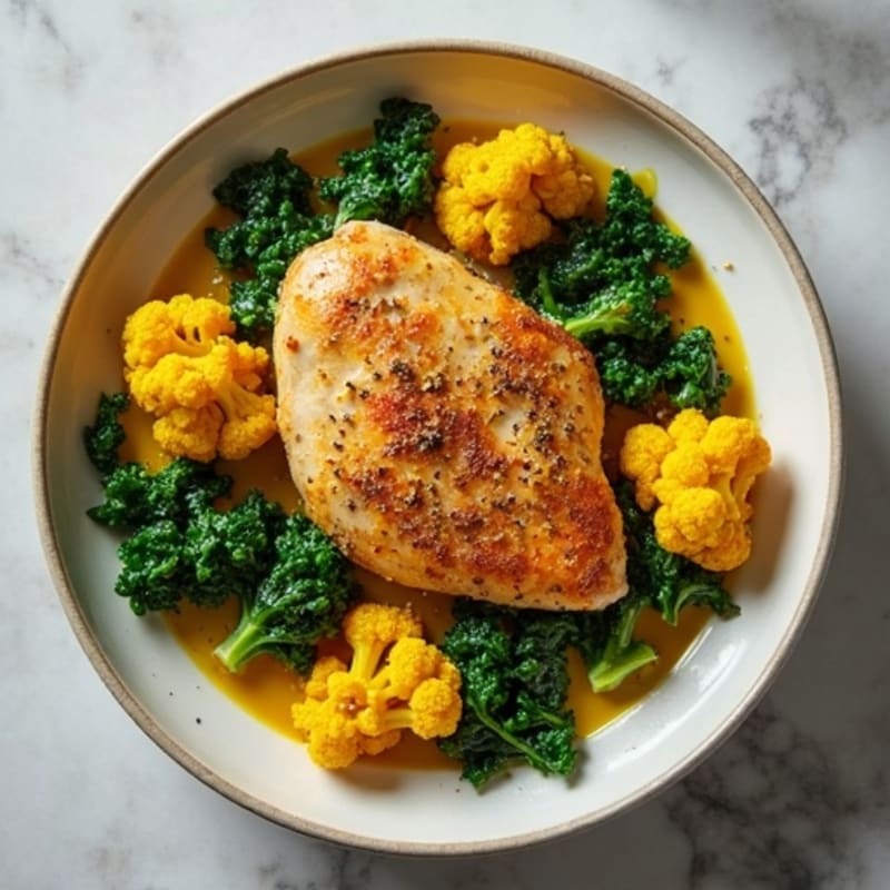 Coconut Spiced Chicken with Roasted Turmeric Cauliflower and Greens