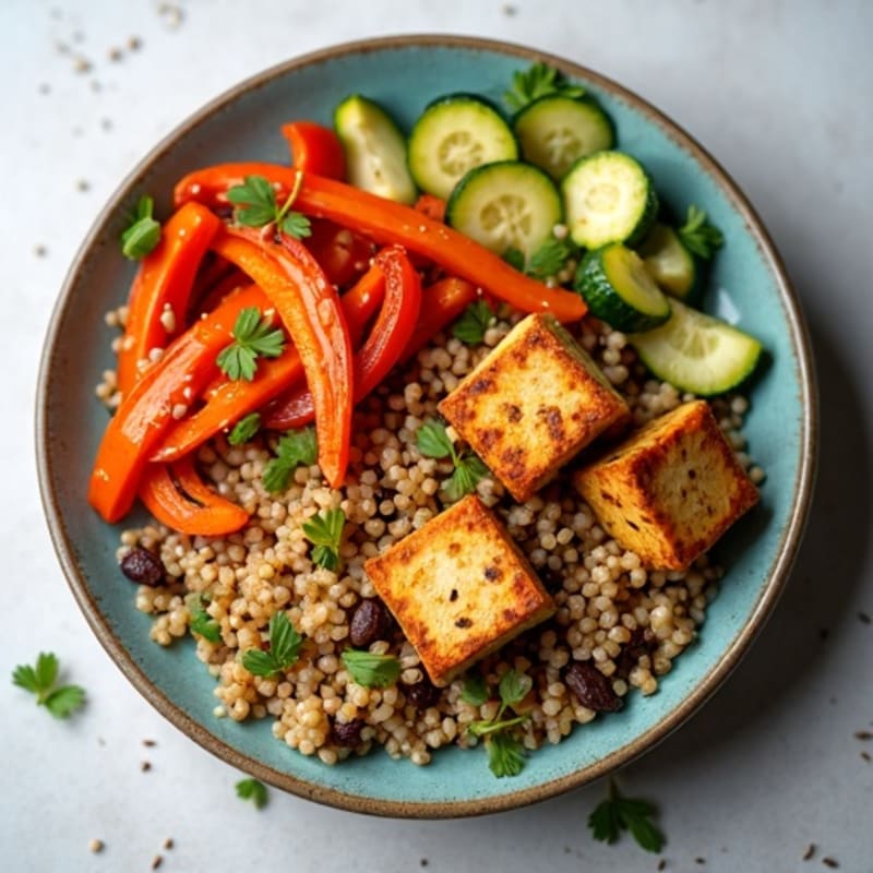Crispy Tofu Power Bowl with Quinoa and Roasted Vegetables