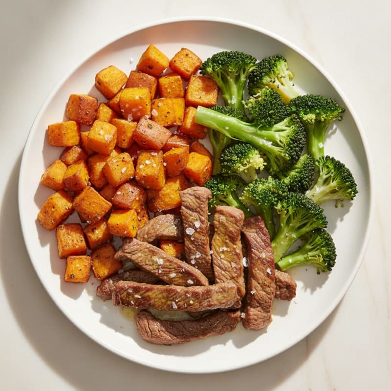 Seared Lean Beef Strips with Roasted Sweet Potatoes and Steamed Broccoli