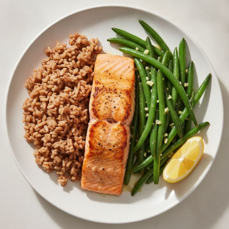 Seared Salmon with Garlic Green Beans and Brown Rice
