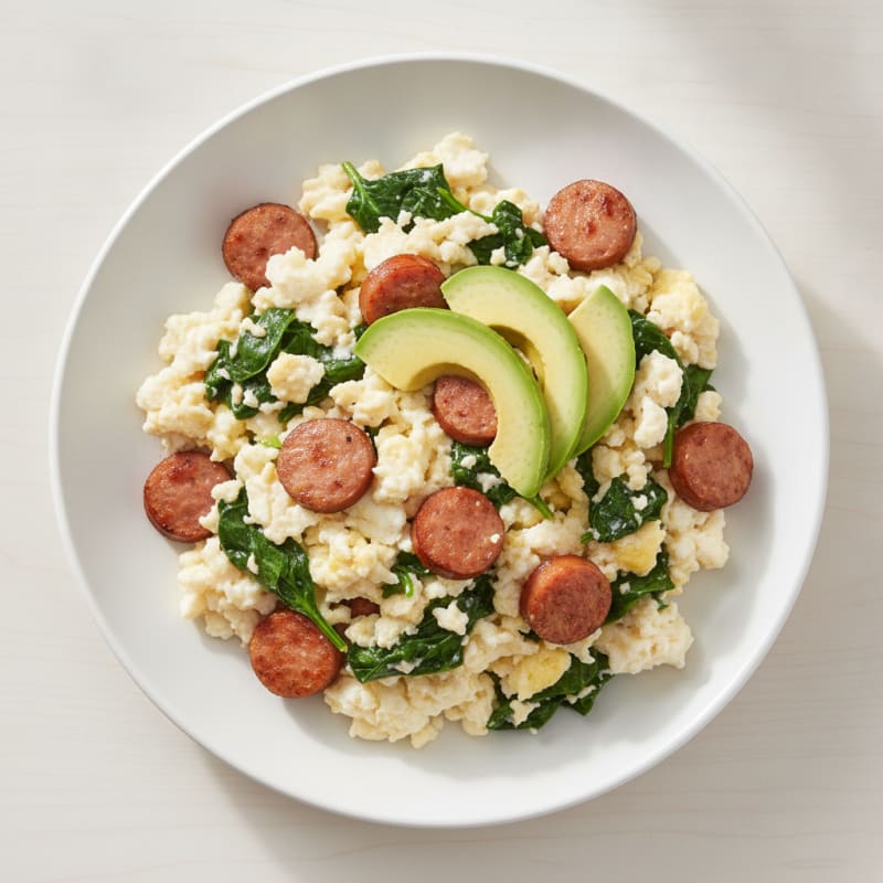 Egg White Scramble with Turkey Sausage and Sautéed Spinach