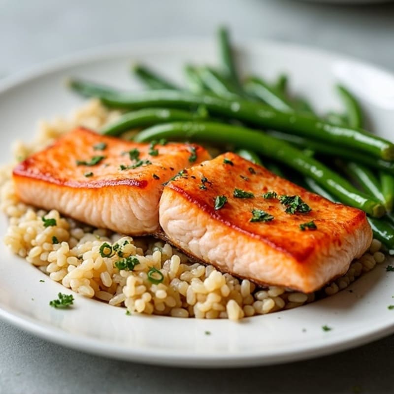 Seared Salmon with Garlic Green Beans and Brown Rice