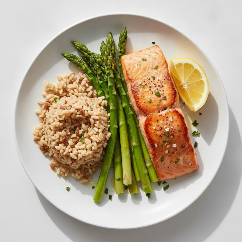 Seared Salmon with Steamed Asparagus and Brown Rice