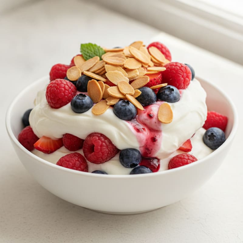 Greek Yogurt Protein Parfait with Mixed Berries and Almonds