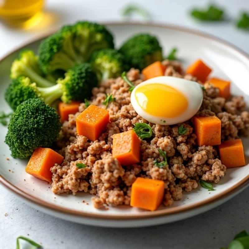 Lean Ground Turkey and Sweet Potato Hash with Crispy Broccoli