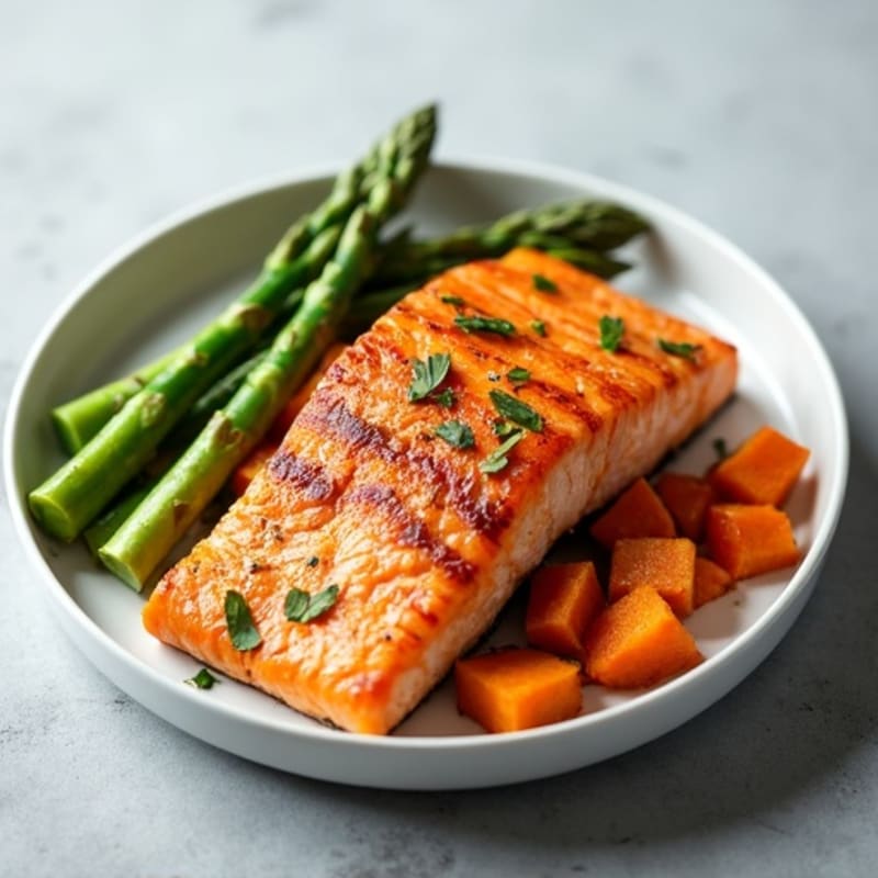 Seared Salmon with Roasted Sweet Potato and Asparagus