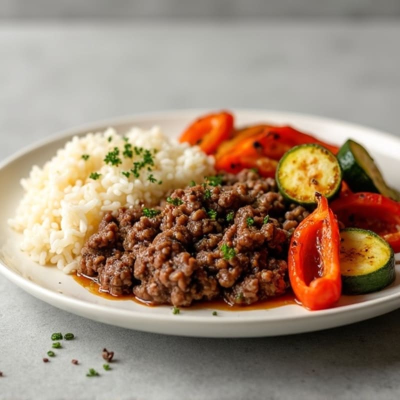Savory Ground Beef with Fluffy Rice and Roasted California Vegetables