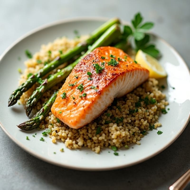 Crispy Pan-Seared Salmon with Roasted Asparagus and Lemon Herb Quinoa