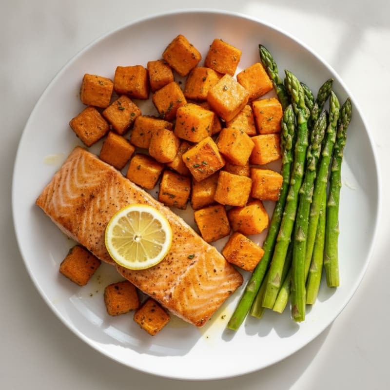 Seared Salmon with Roasted Sweet Potatoes and Asparagus