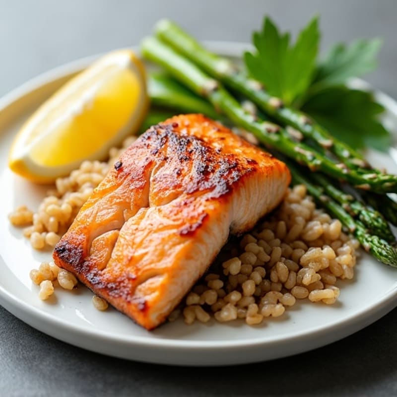 Seared Salmon with Steamed Asparagus and Brown Rice