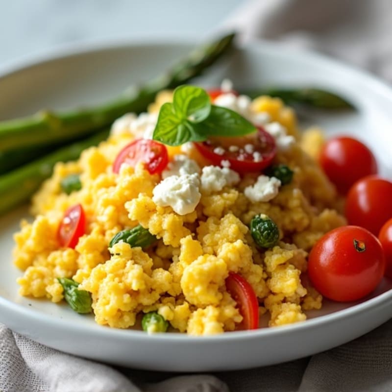 Hearty Scrambled Eggs with Roasted Asparagus and Cherry Tomatoes