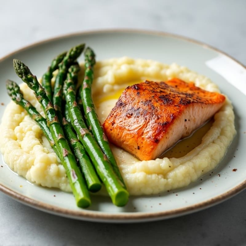 Seared Salmon Fillet with Steamed Asparagus and Cauliflower Mash