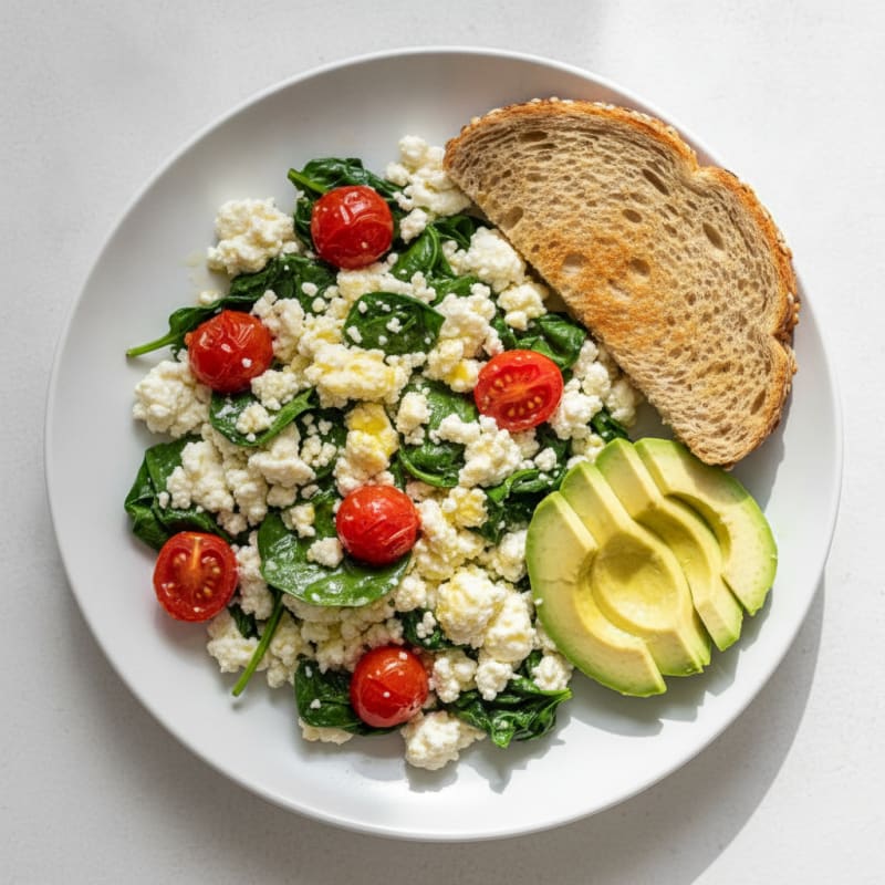 Cottage Cheese and Egg White Scramble with Spinach and Cherry Tomatoes