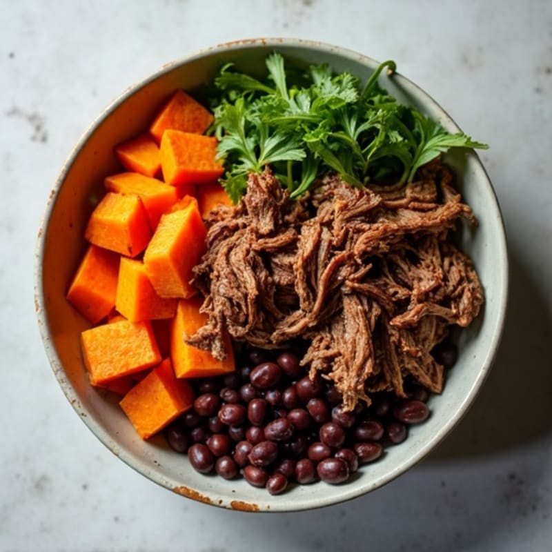 Crispy Shredded Beef and Roasted Sweet Potato Bowl