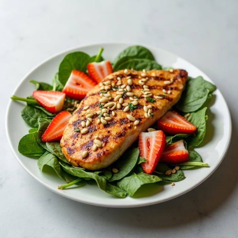 Grilled Chicken Spinach Salad with Sliced Strawberries and Sunflower Seeds