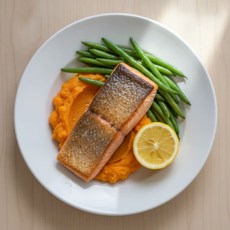 Seared Salmon with Steamed Green Beans and Sweet Potato Mash