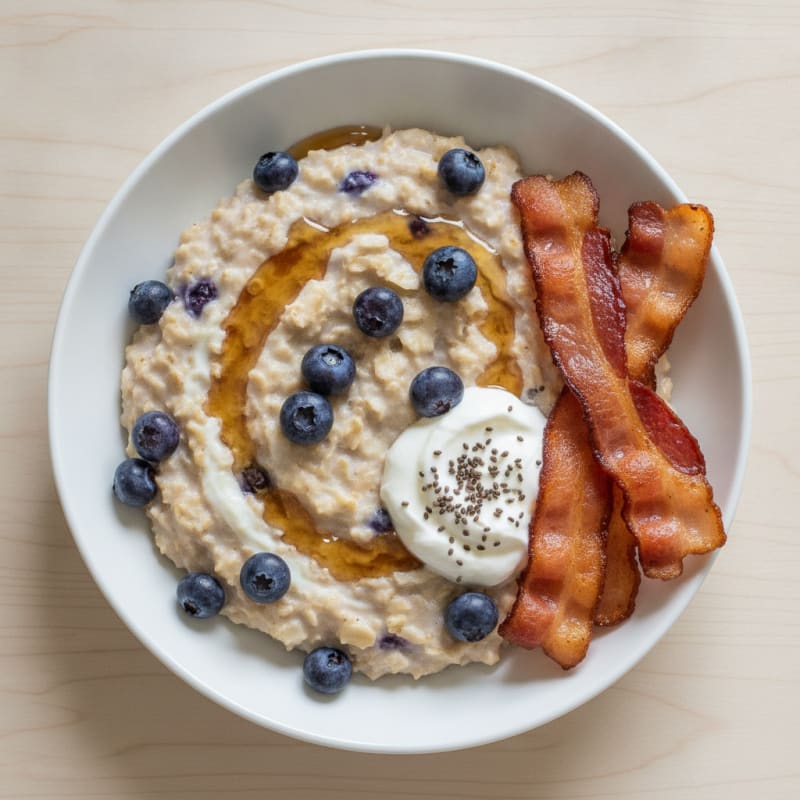 Egg White Blueberry Oatmeal with Turkey Bacon