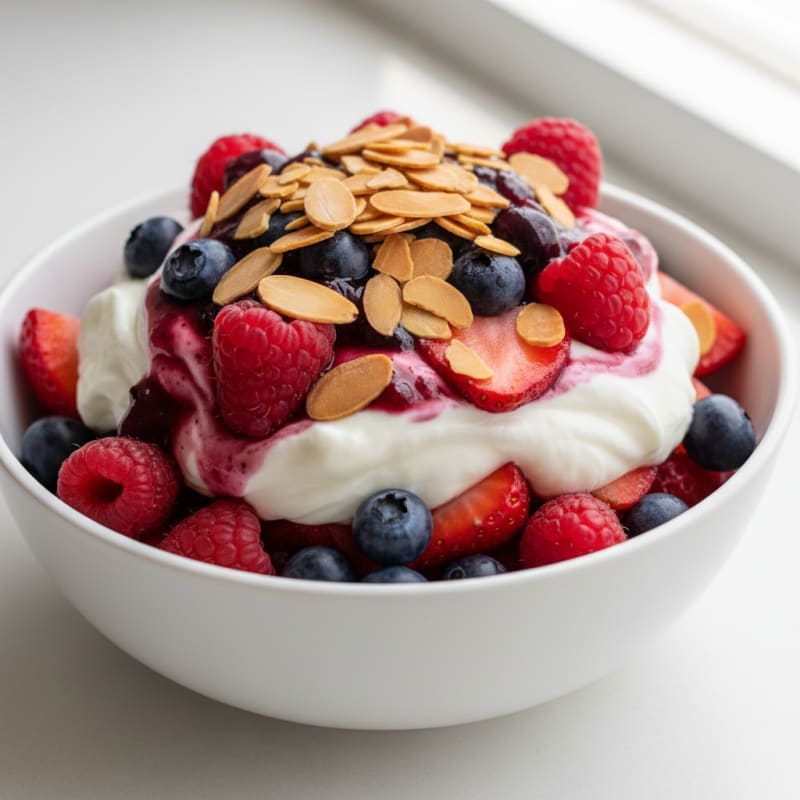 Greek Yogurt Protein Parfait with Mixed Berries and Almonds