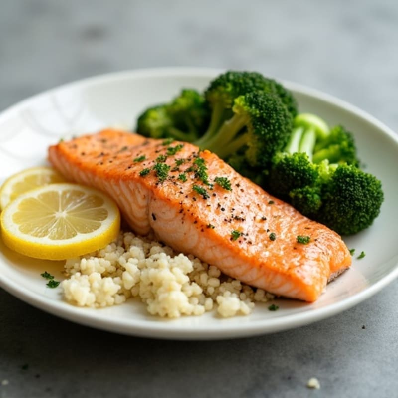 Seared Salmon with Steamed Broccoli and Cauliflower Rice