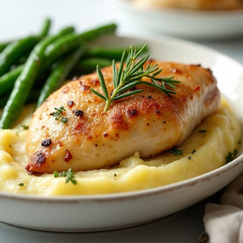 Herb-Roasted Chicken with Buttery Garlic Mashed Potatoes and Roasted Green Beans