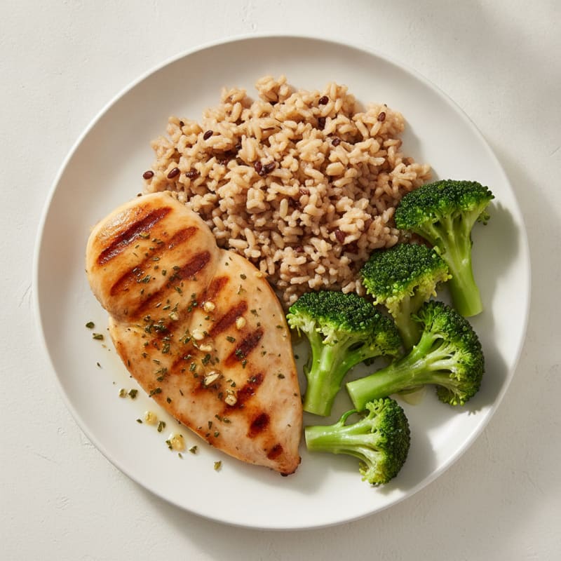 Grilled Chicken Breast with Brown Rice and Steamed Broccoli