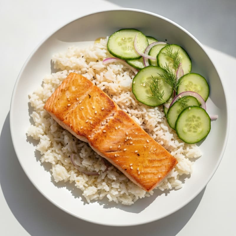 Seared Salmon with Jasmine Rice and Cucumber Salad