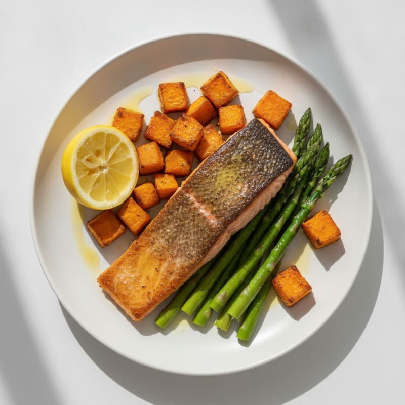 Seared Salmon with Roasted Sweet Potato and Asparagus