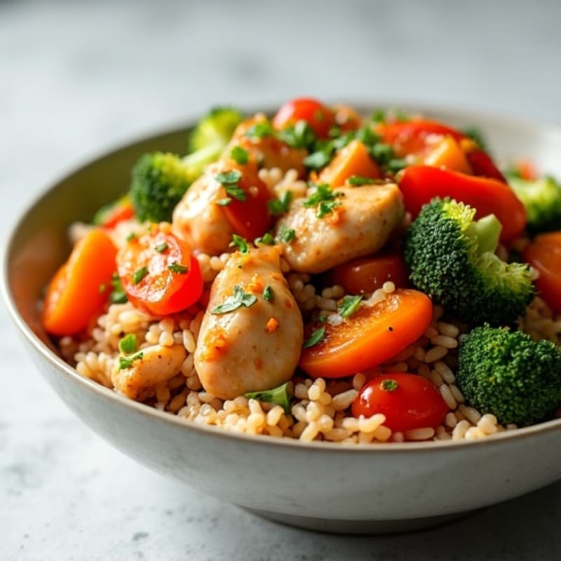 Chicken Stir-Fried Brown Rice with Crisp Vegetables