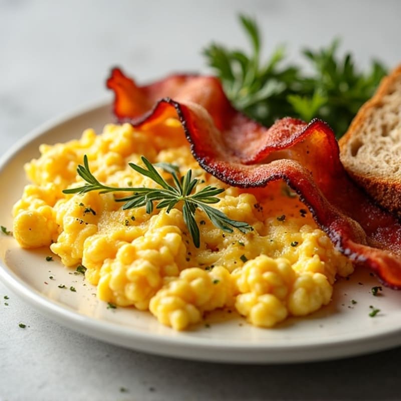 Crispy Turkey Bacon with Herb-Scrambled Eggs and Whole Grain Toast