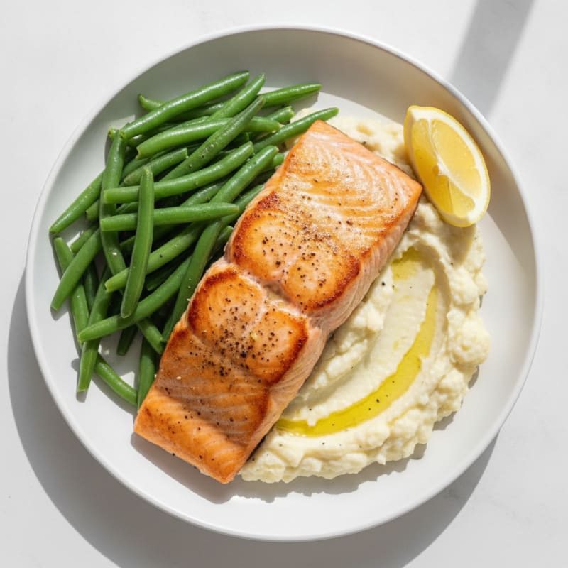 Seared Salmon with Steamed Green Beans and Garlic Mashed Cauliflower