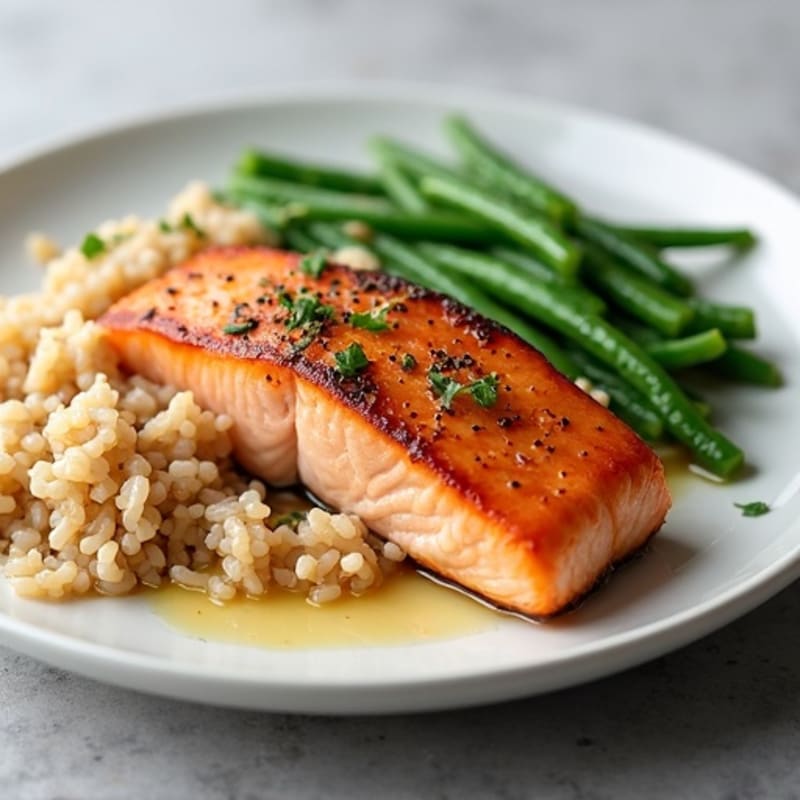 Seared Salmon Fillet with Steamed Green Beans and Brown Rice