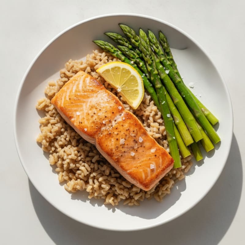 Seared Salmon with Steamed Asparagus and Brown Rice