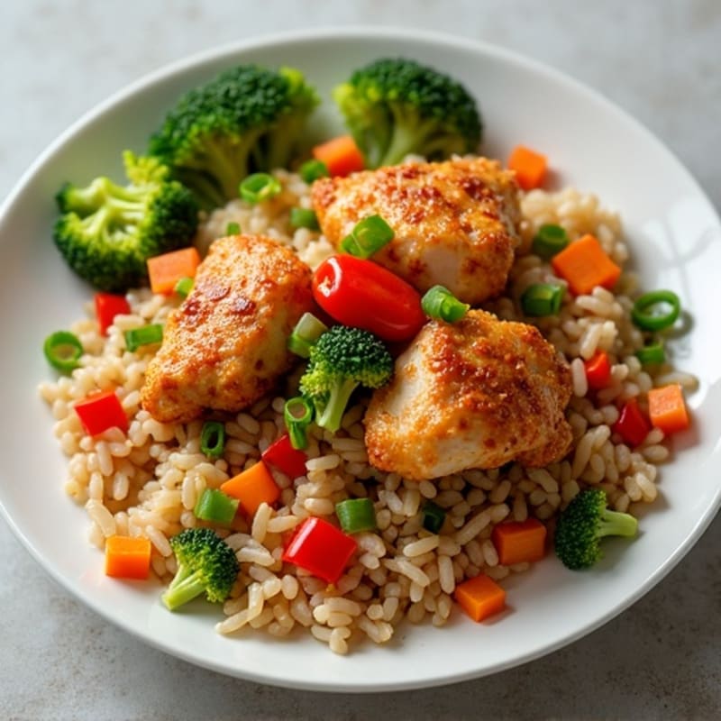 Crispy Chicken and Fresh Vegetable Brown Rice Stir-Fry
