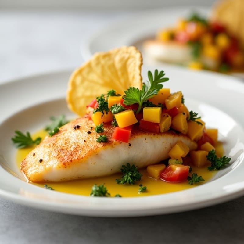 Pan-Seared Halibut with Vibrant Mango Salsa and Crispy Plantain Chips