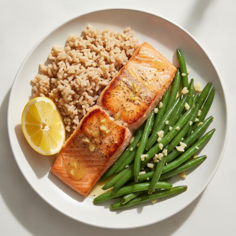 Seared Salmon Filet with Garlic Green Beans and Brown Rice