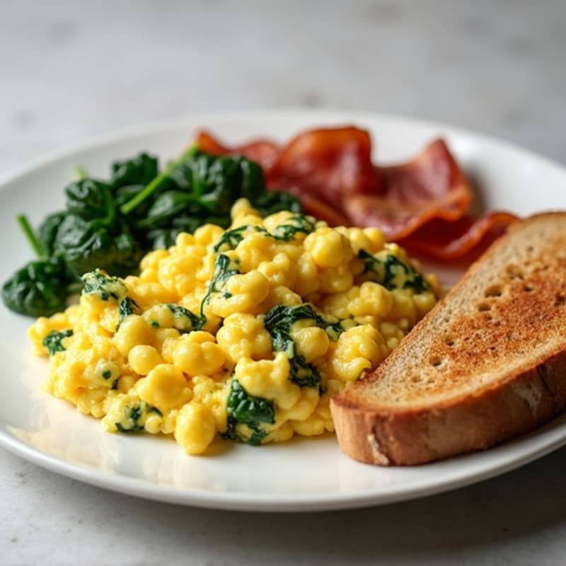 Fluffy Egg White Scramble with Sautéed Spinach and Lean Turkey Bacon