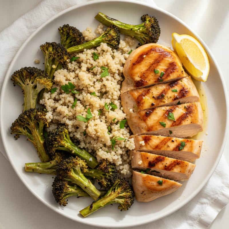Grilled Chicken Breast with Quinoa and Roasted Broccoli