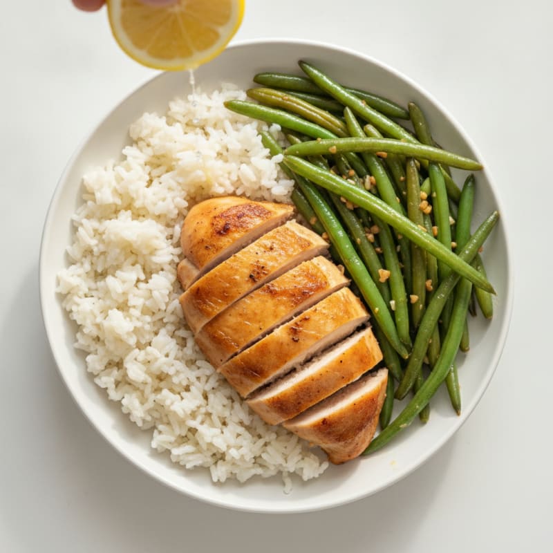 Rotisserie Chicken with Garlic Green Beans and Rice